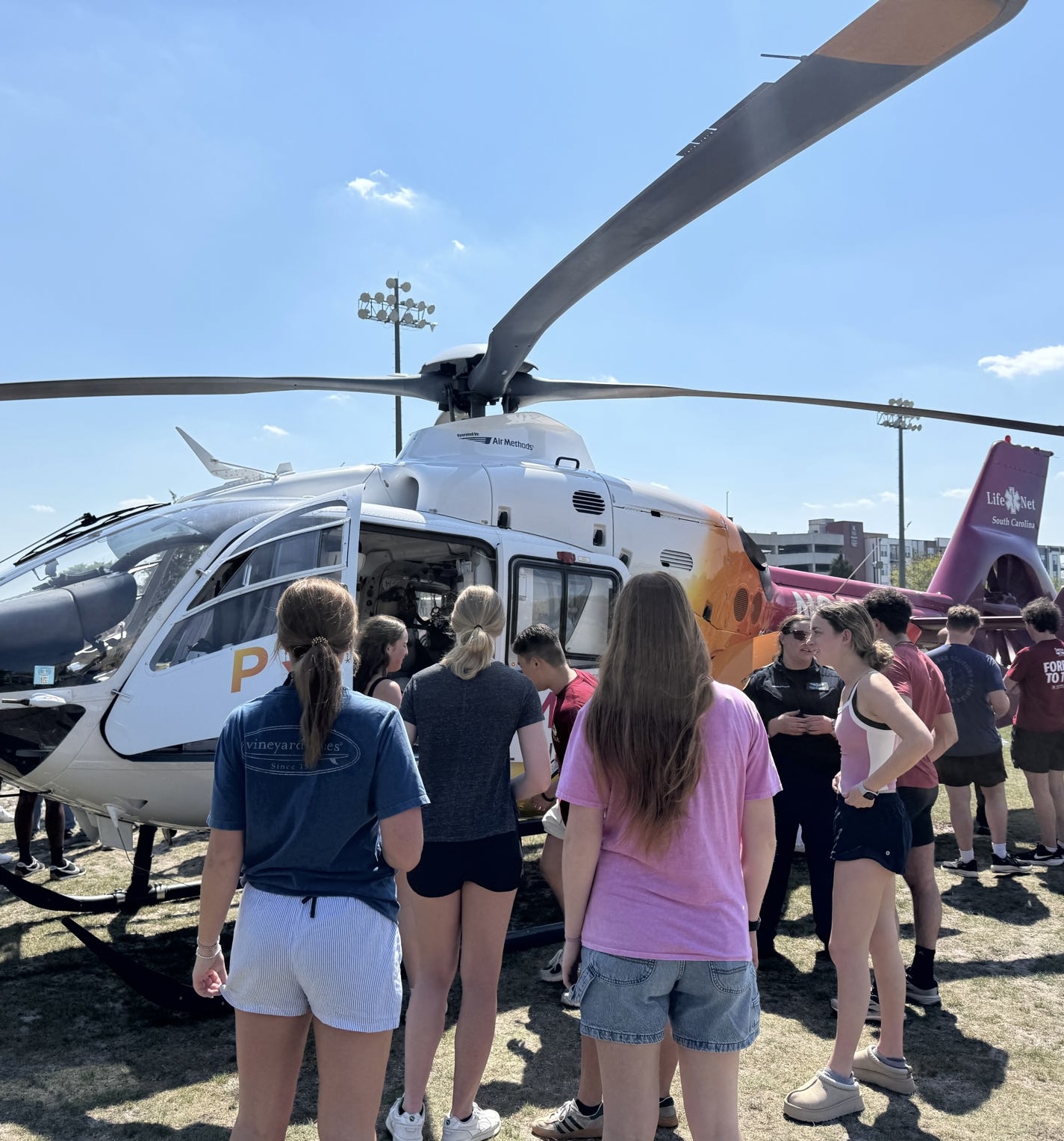 Gamecock EMS members touring an air medical helicopter